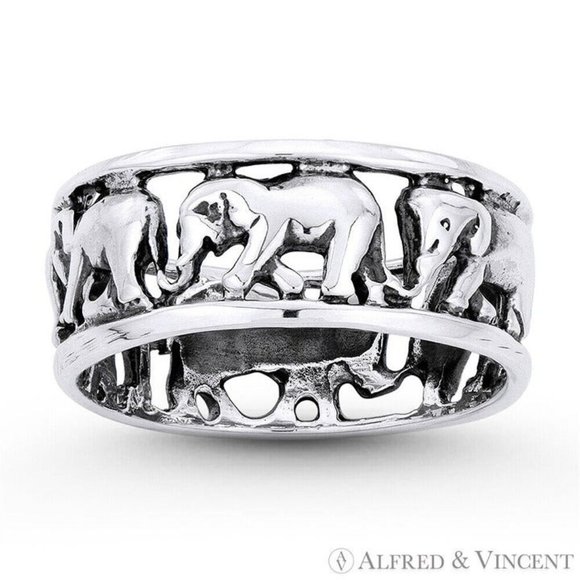Elephant Herd Animal Charm Eternity Band in .925 Sterling Silver - Size 7 - Picture 1 of 1